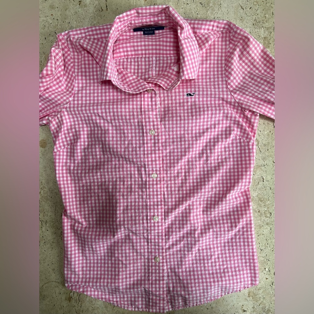 VINEYARD VINES Pink & White Gingham Check Preppy Whale Logo Shirt Size 2 2013 - Picture 3 of 6